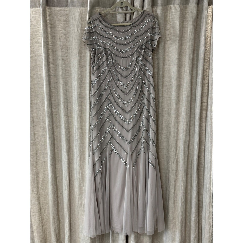 Adrianna Papell Taupe Beaded Sequin Gown Dress AP1E207202 Womens 16 Formal Maxi